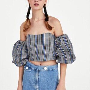 Zara Plaid Off-Shoulder Puff Sleeve Crop Top